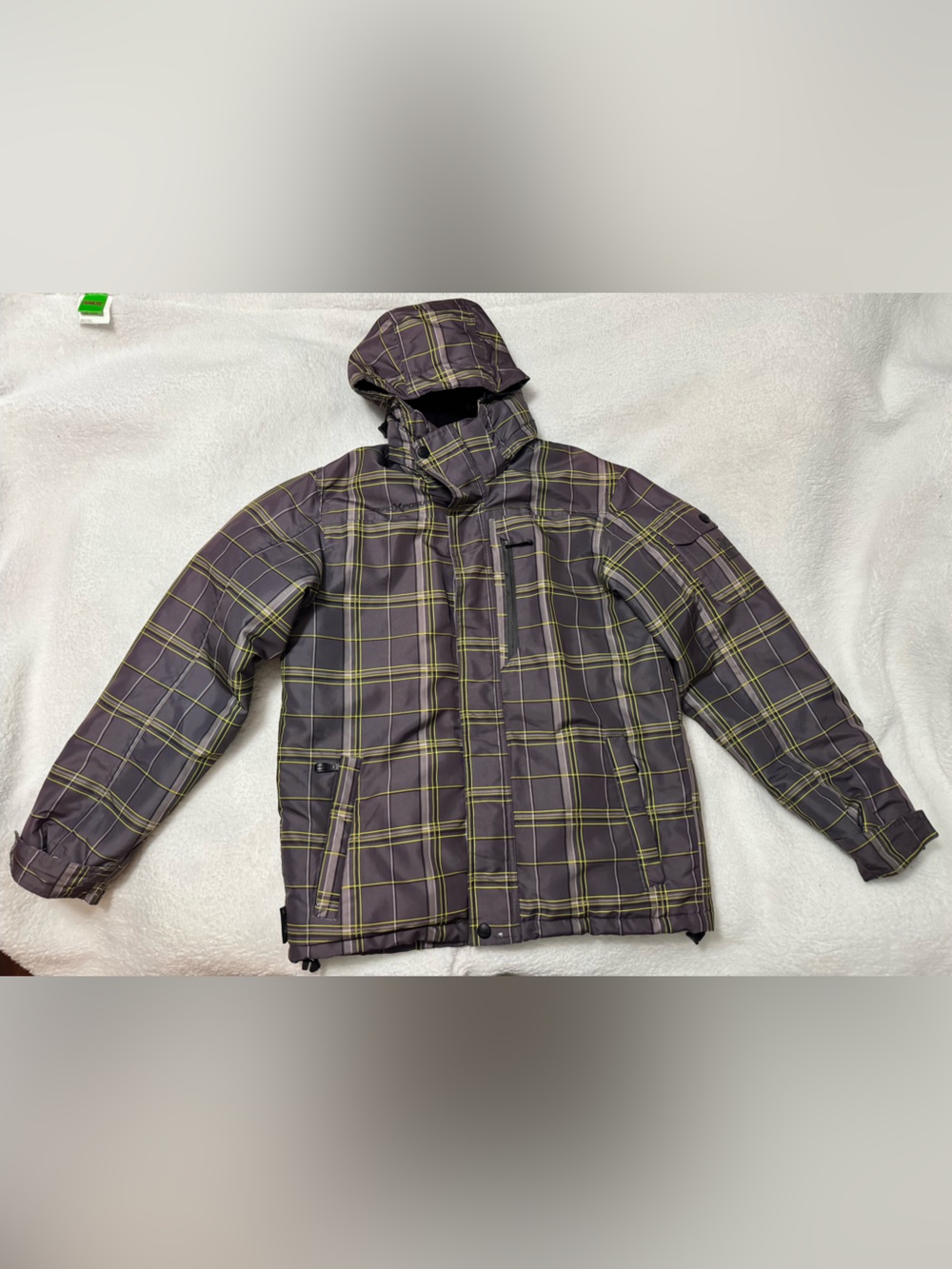 ZeroXposur Men's Hooded Plaid Ski Jacket - Gray with Yellow Grid